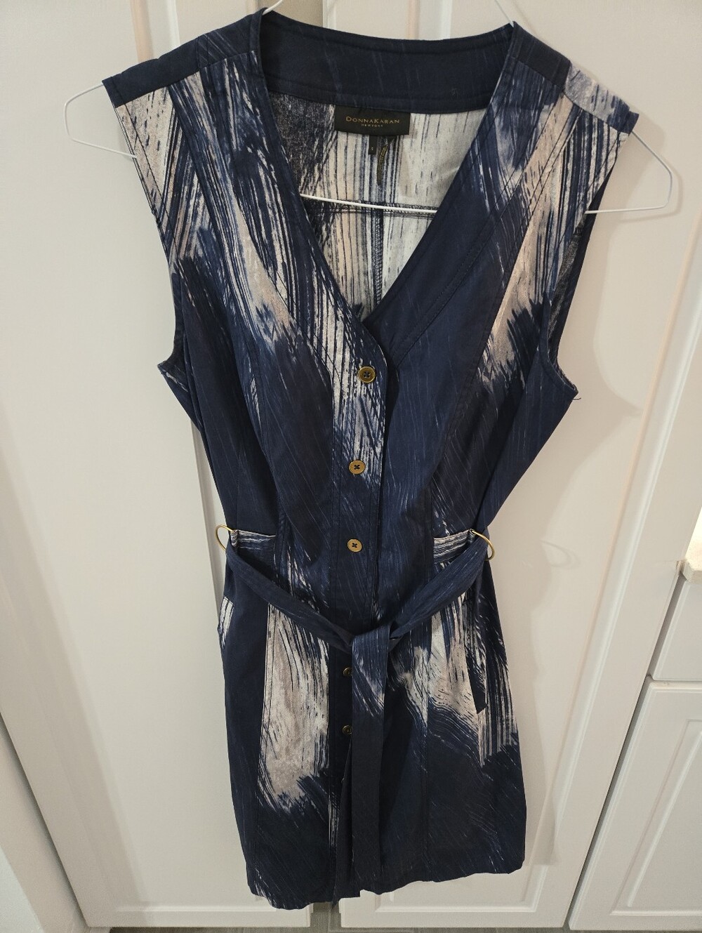 Donna Karan Navy Brushstroke Sleeveless Shirt Dress With Belt Size Small
